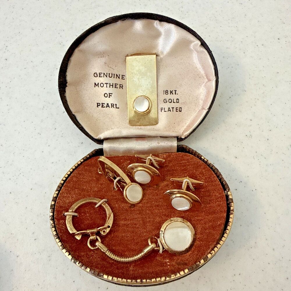 Vintage Genuine Mother of Pearl 18K Gold Plated Cuff Links Tie Clip Tie Tack 4pc